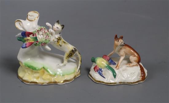 Two rare Staffordshire porcelain groups of a cat and a bird and a fox and a bird, c.1840, Cat 18cm high